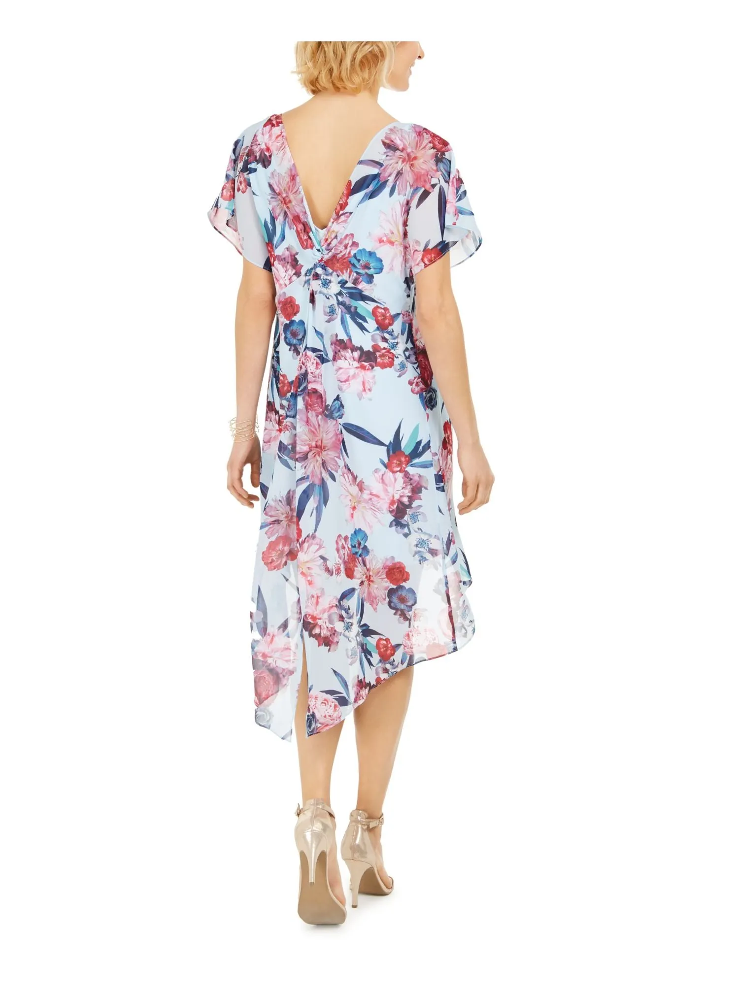 ADRIANNA PAPELL Womens Blue Floral Jewel Neck Tea-Length Hi-Lo Dress