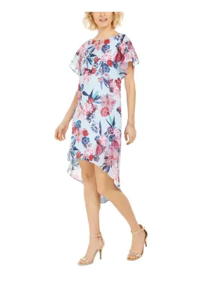 ADRIANNA PAPELL Womens Blue Floral Jewel Neck Tea-Length Hi-Lo Dress