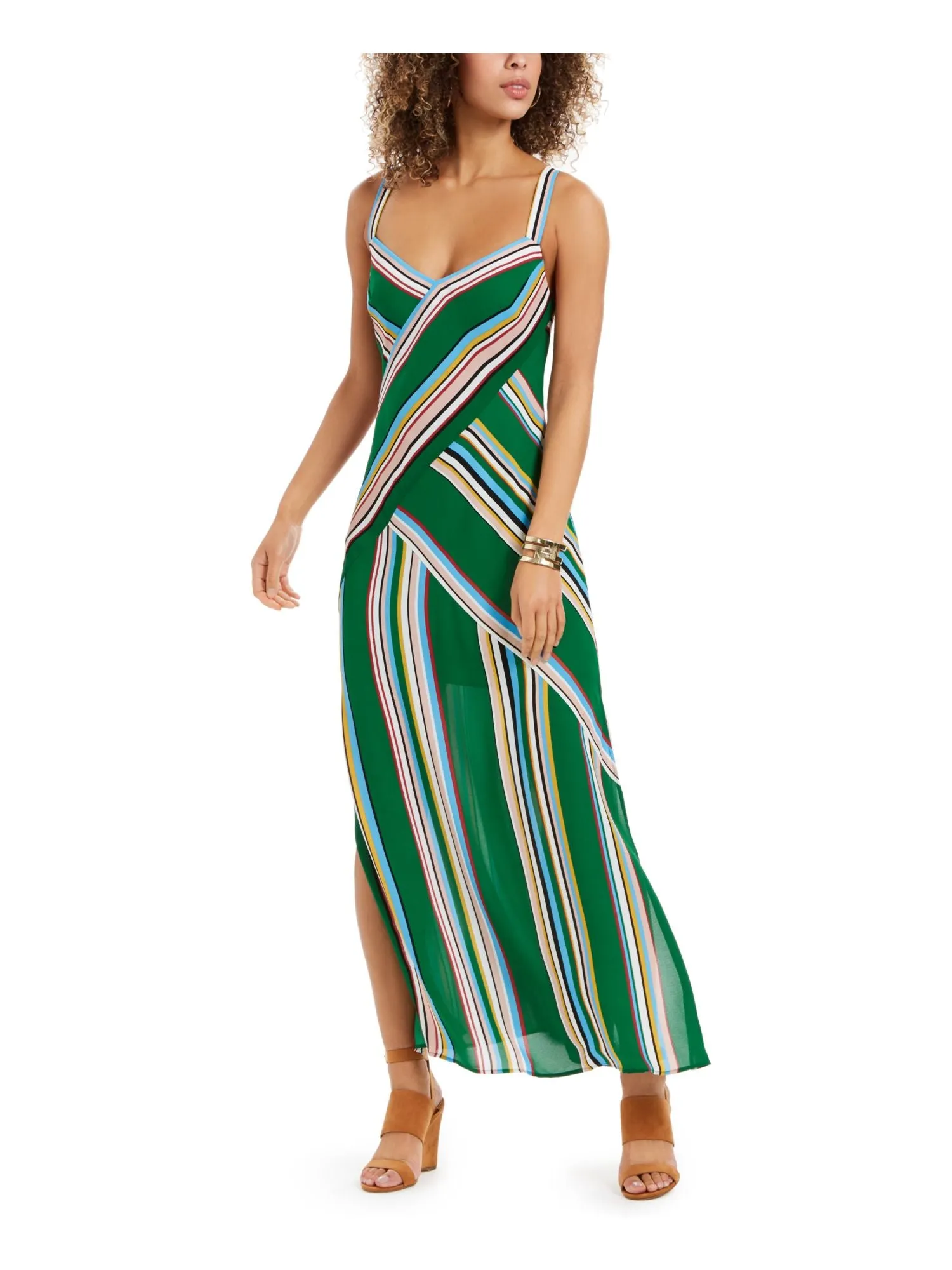 ADRIANNA PAPELL Womens Green Color Block Spaghetti Strap V Neck Full-Length Formal A-Line Dress