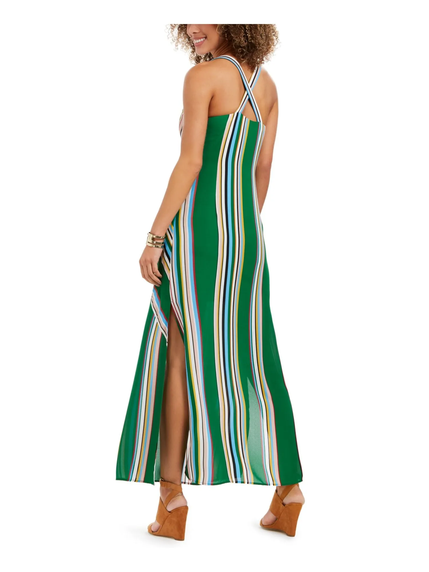 ADRIANNA PAPELL Womens Green Color Block Spaghetti Strap V Neck Full-Length Formal A-Line Dress