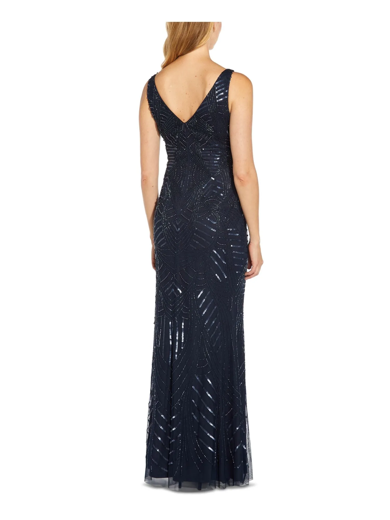 ADRIANNA PAPELL Womens Navy Beaded Zippered Thigh High Slit Lined Sleeveless V Neck Full-Length Formal Gown Dress