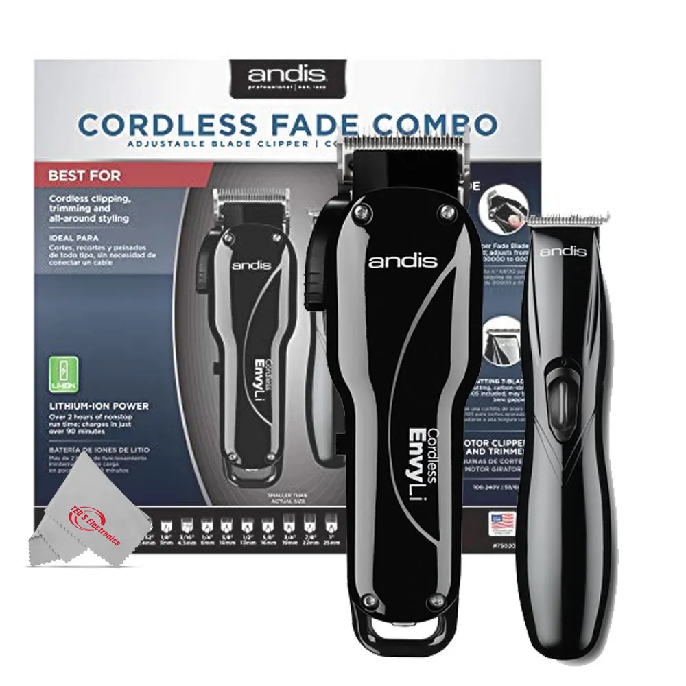 Andis Professional Cordless Fade Combo Envy Li Adjustable Blade Clipper & Slimline Li lose Cutting T-Blade Trimmer 75020