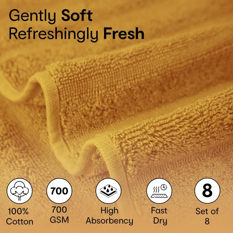 Anko Australia 100% Cotton 700 GSM Ribbed Hand Towel | Set of 8 | Super-Soft, Absorbent, Quick-Drying | Mustard Towel for Men, Women & Kids | 60x40 cm |Travel, Gym, Spa Towel