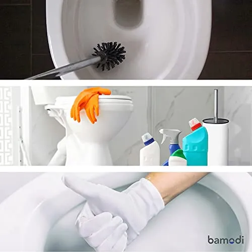 Bamodi Toilet Brush Set Stainless Steel 3 Heads Hideaway Design Cleaning White