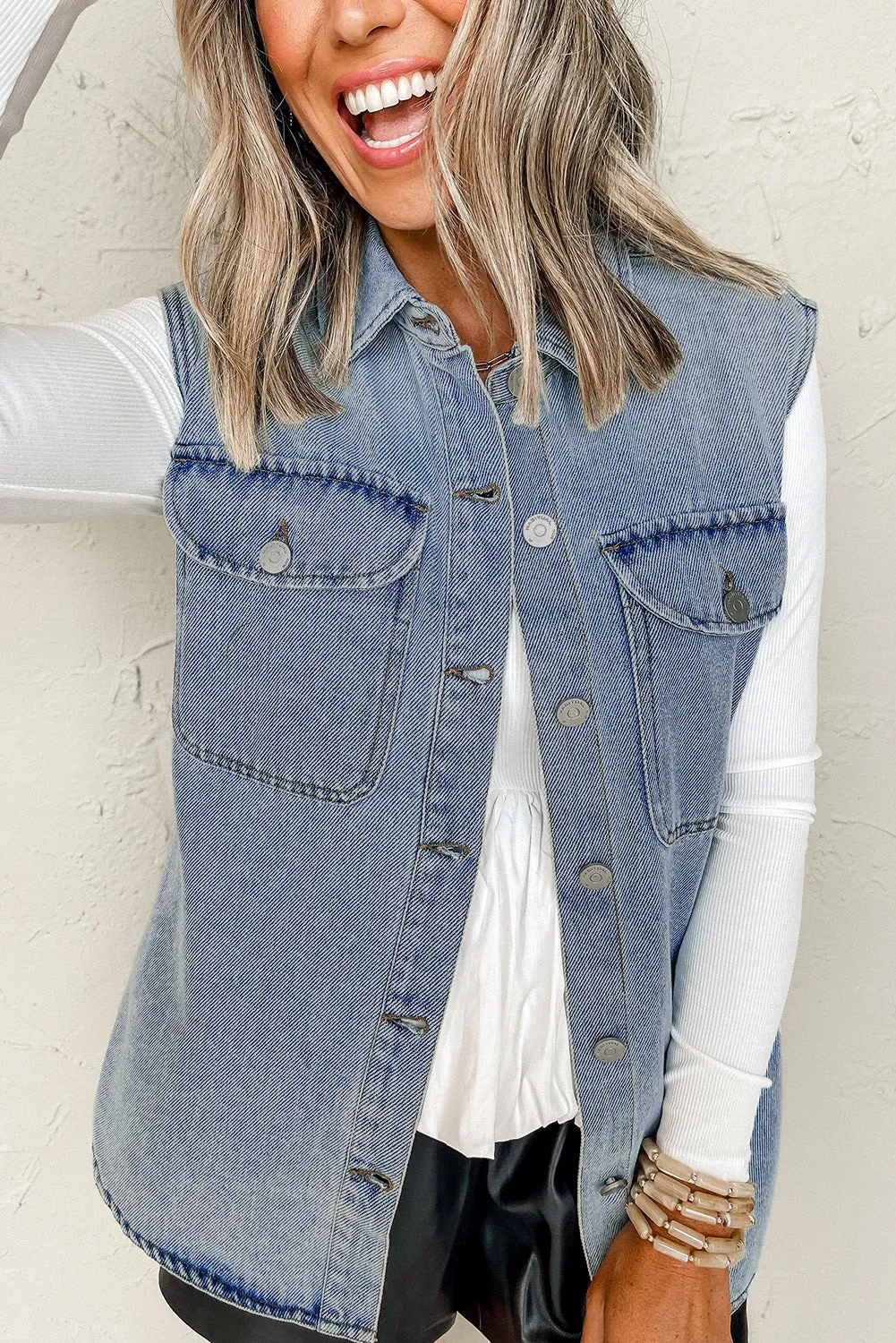 Beau Blue Denim Flap Pocket Curved Hem Shirt Vest