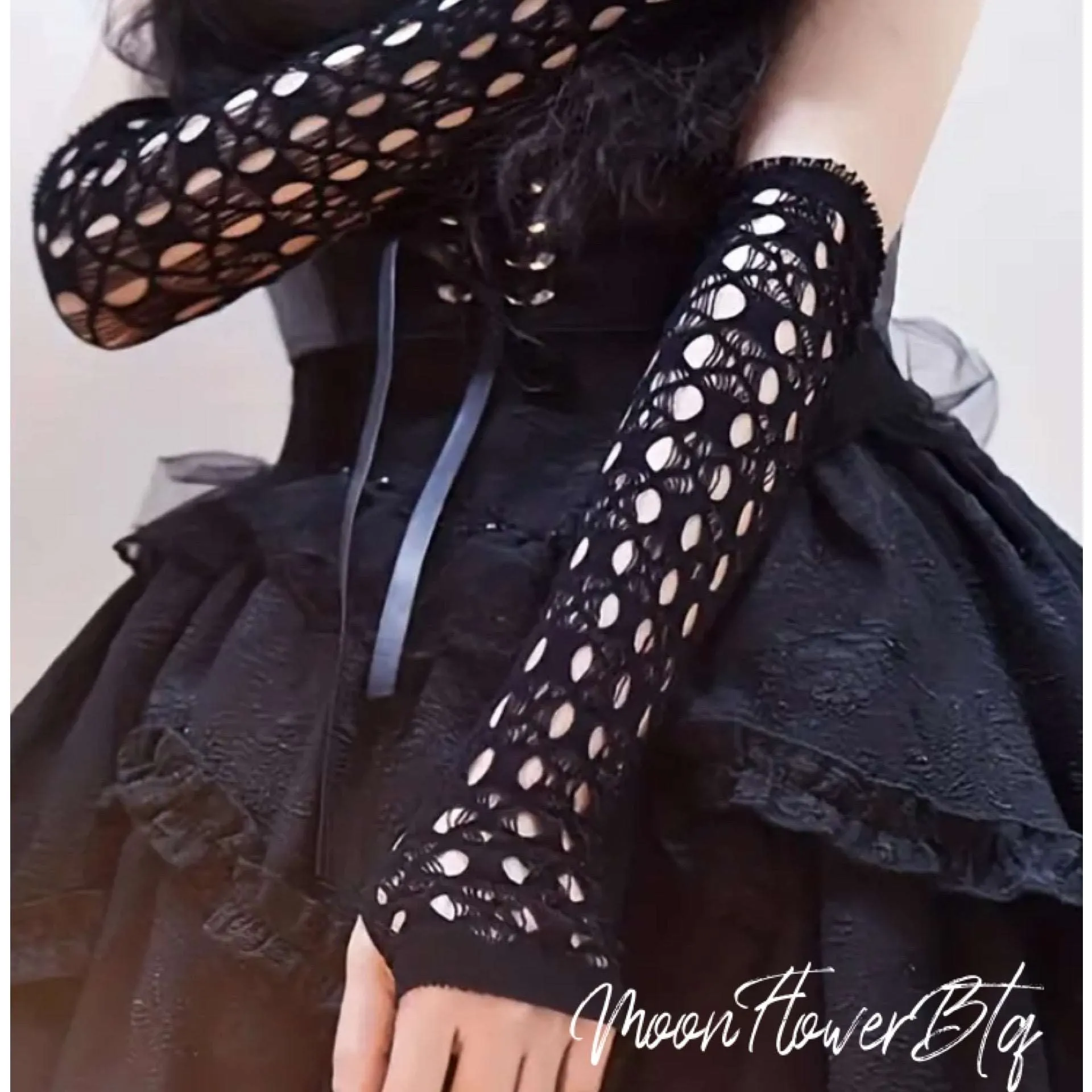 Black Cutout Fishnet Long Fingerless Gloves