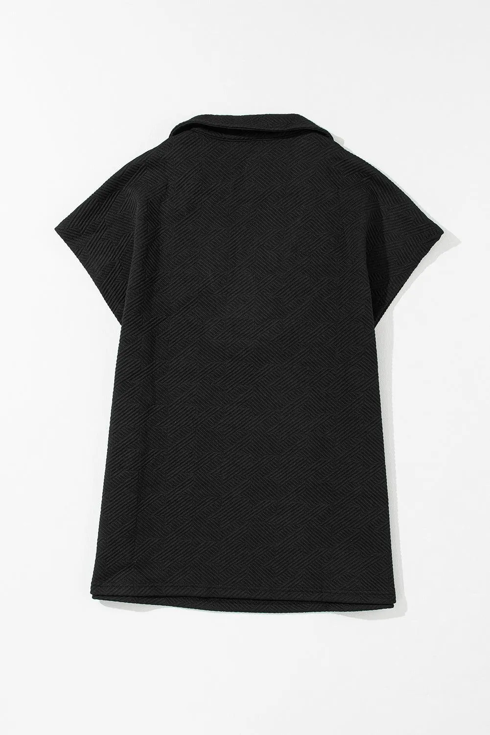 Black Textured V Neck Collared Short Sleeve Top for Women