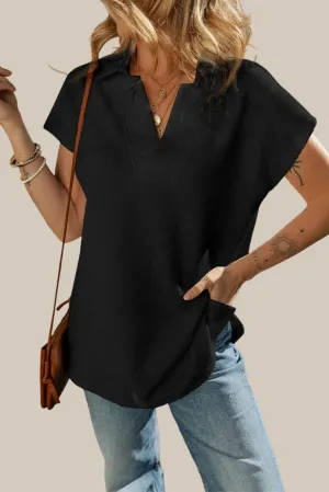 Black Textured V Neck Collared Short Sleeve Top for Women