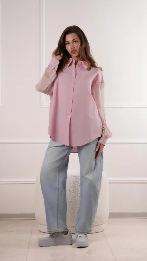 Button-up shirt with lace sleeve details wholesale