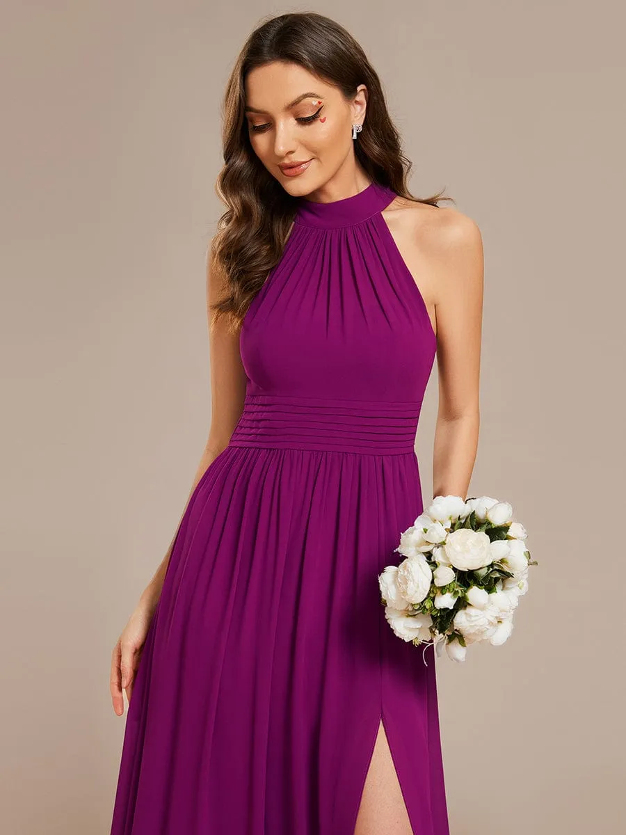 Chiffon Halter Straps Sleeveless Pleated A-Line High Slit Maxi Bridesmaid Dress