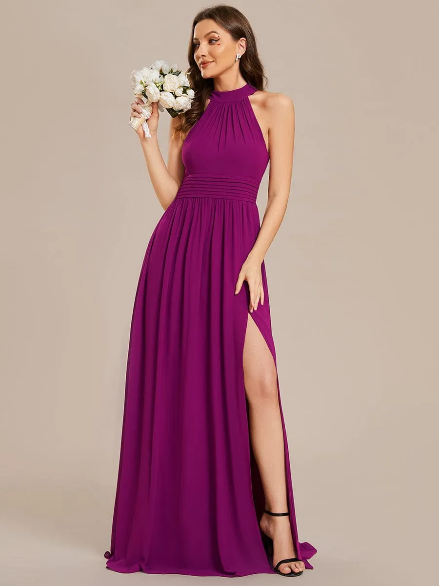 Chiffon Halter Straps Sleeveless Pleated A-Line High Slit Maxi Bridesmaid Dress