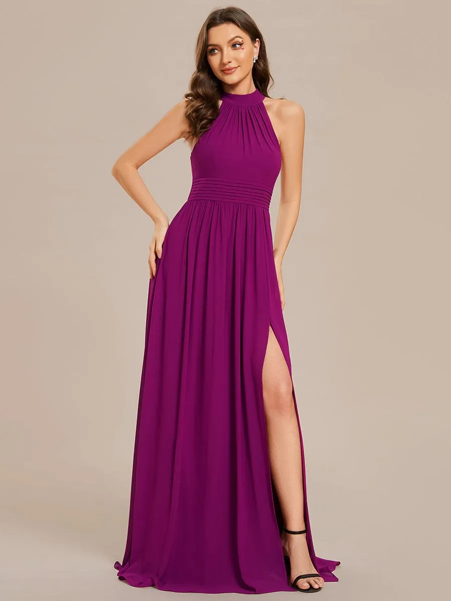 Chiffon Halter Straps Sleeveless Pleated A-Line High Slit Maxi Bridesmaid Dress