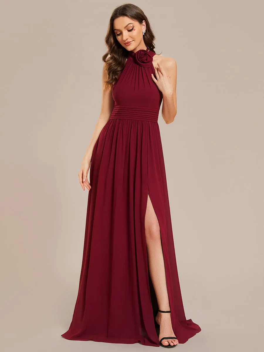 Chiffon Halter Straps Sleeveless Pleated A-Line High Slit Maxi Bridesmaid Dress