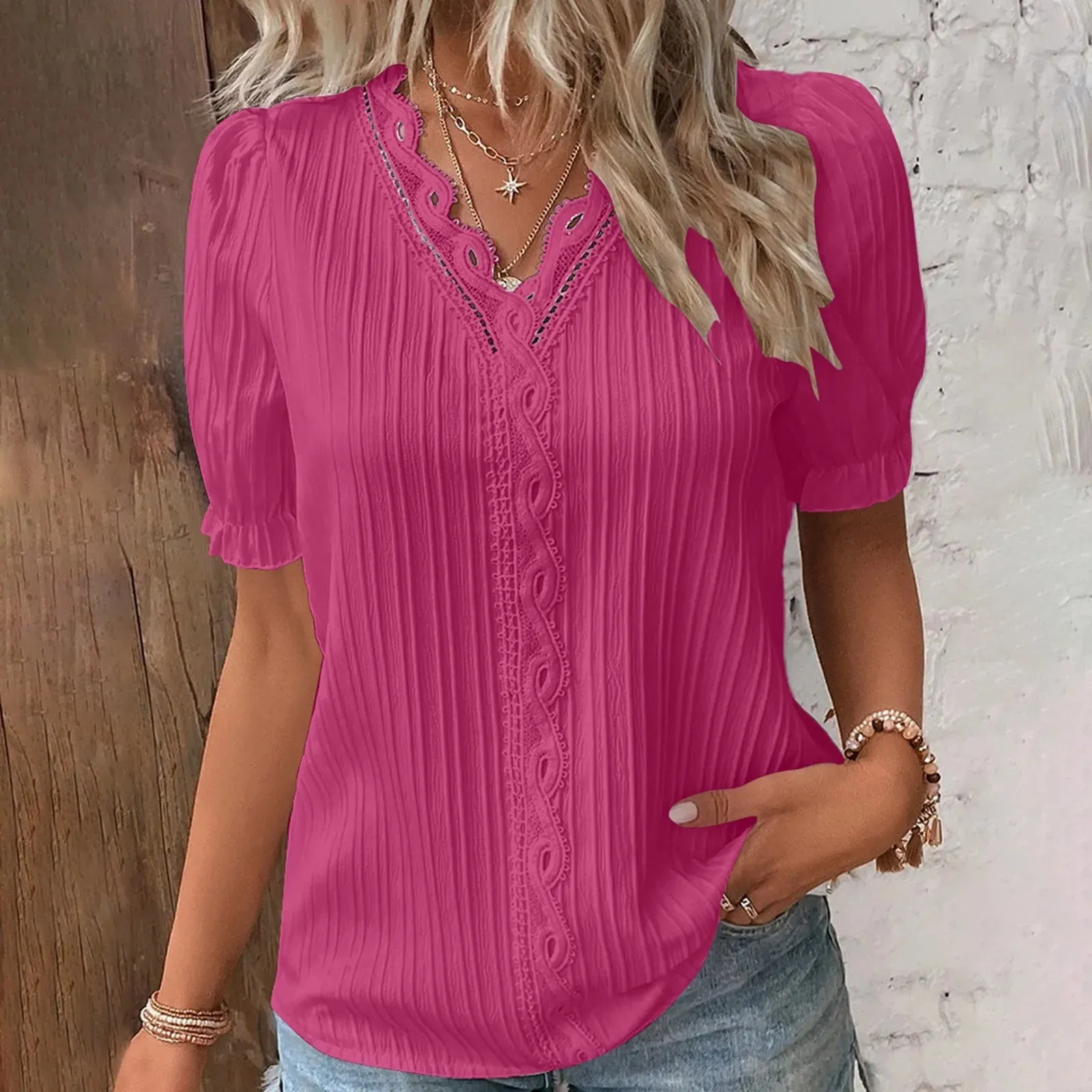 Elegant Lace V-Neck Short Sleeve Blouse for Women