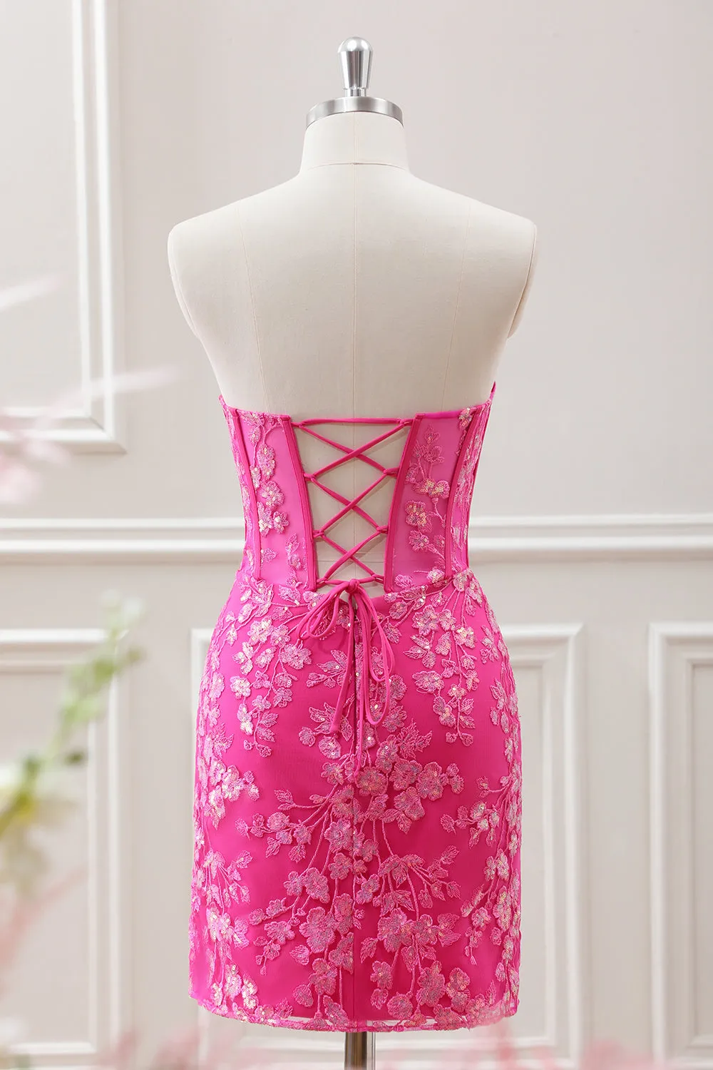 Fuchsia Corset Sequins Sweetheart Floral Appliques Mini Dress with Lace-up Back