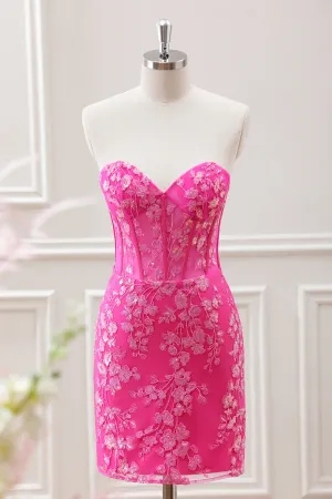 Fuchsia Corset Sequins Sweetheart Floral Appliques Mini Dress with Lace-up Back