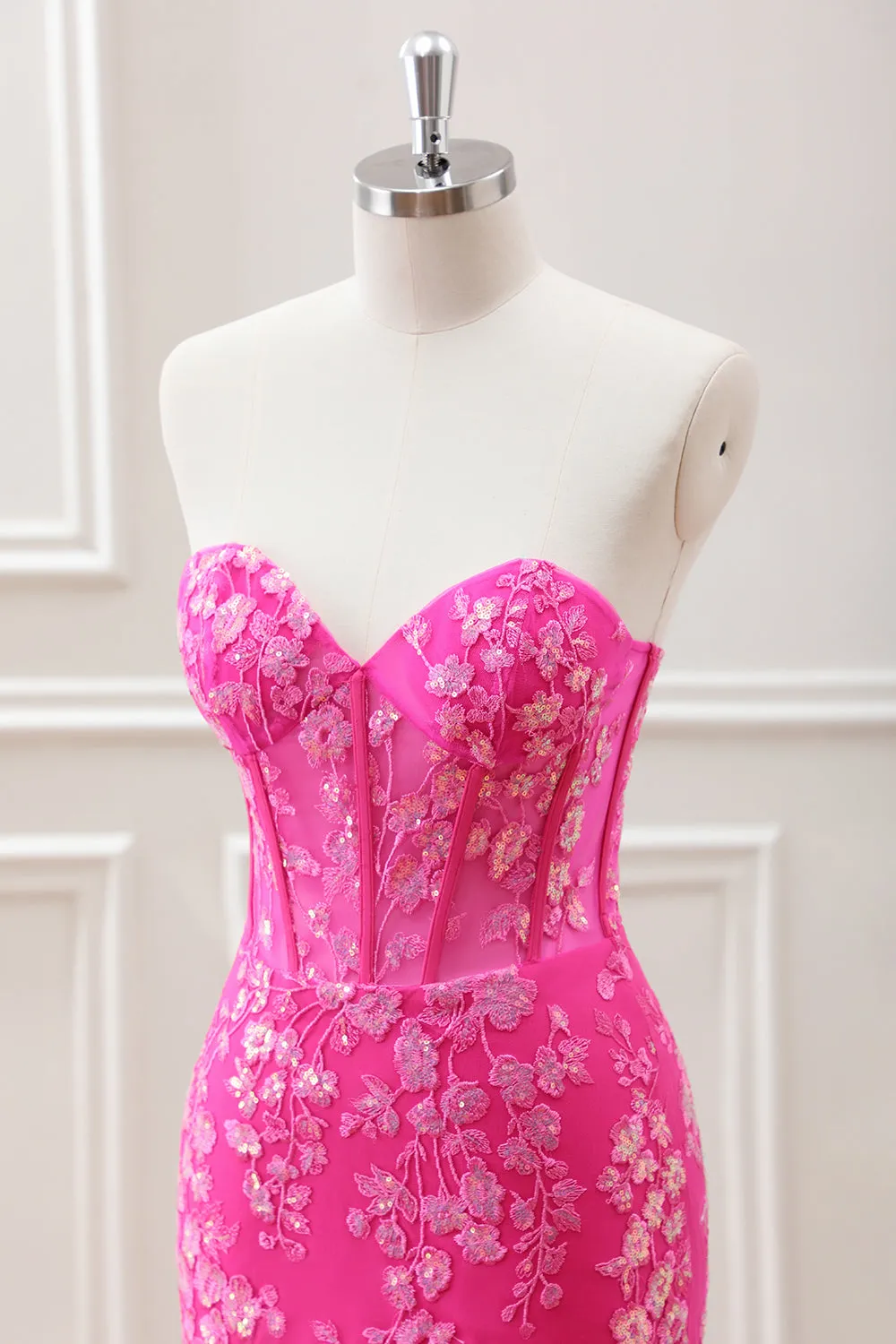 Fuchsia Corset Sequins Sweetheart Floral Appliques Mini Dress with Lace-up Back