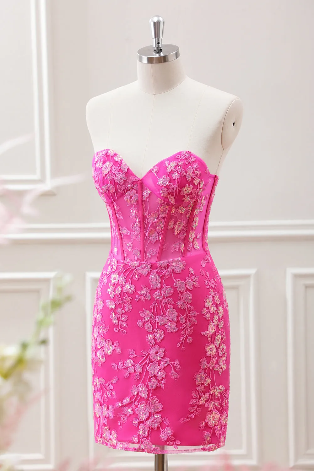 Fuchsia Corset Sequins Sweetheart Floral Appliques Mini Dress with Lace-up Back