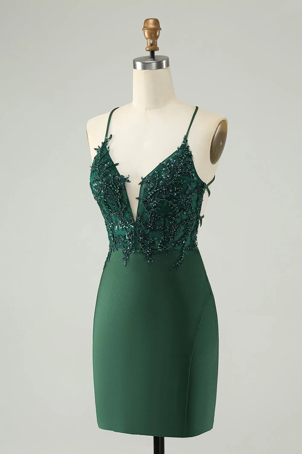 Glitter Dark Green Tight V Neck Beaded Mini Dress