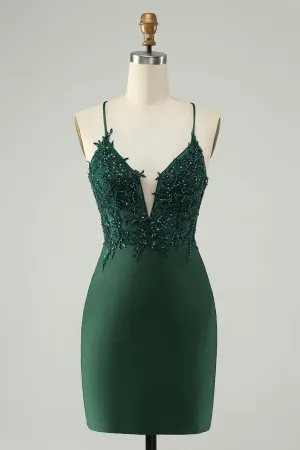 Glitter Dark Green Tight V Neck Beaded Mini Dress