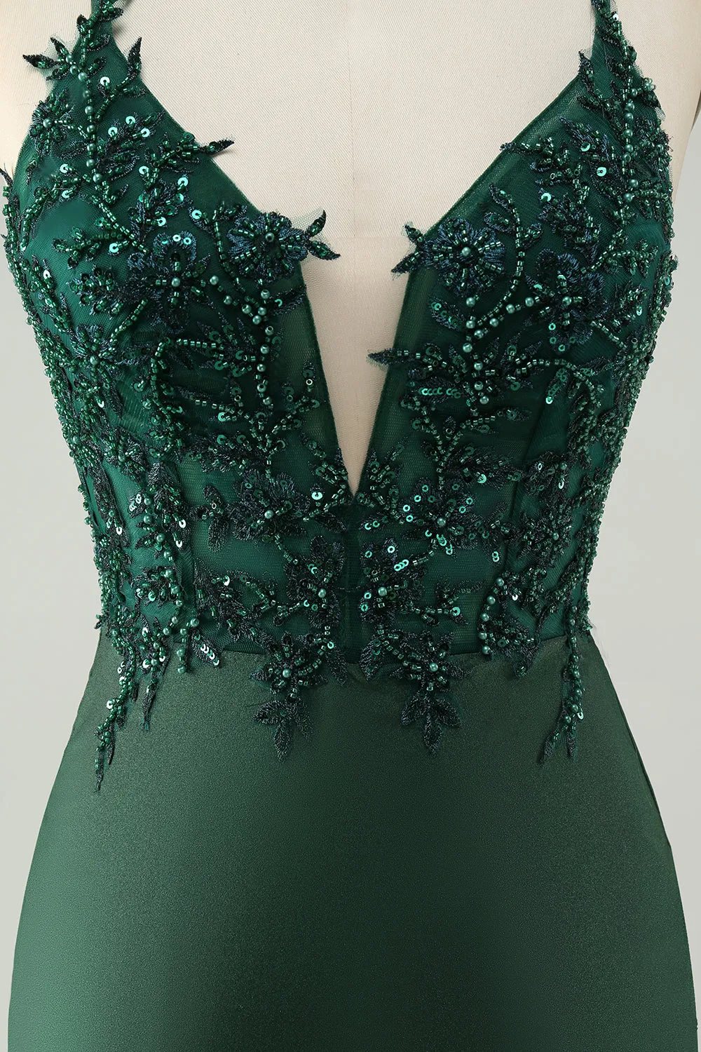 Glitter Dark Green Tight V Neck Beaded Mini Dress