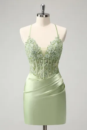 Glitter Green Spaghetti Straps Beaded Appliques Tight Corset Mini Dress