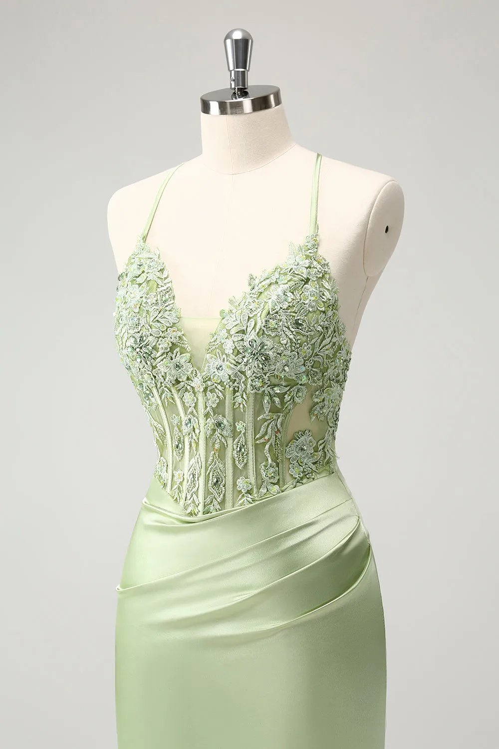 Glitter Green Spaghetti Straps Beaded Appliques Tight Corset Mini Dress