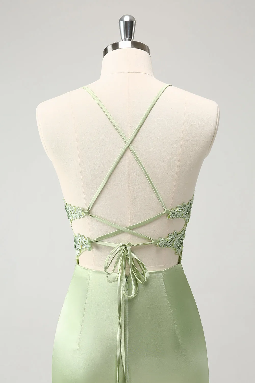 Glitter Green Spaghetti Straps Beaded Appliques Tight Corset Mini Dress