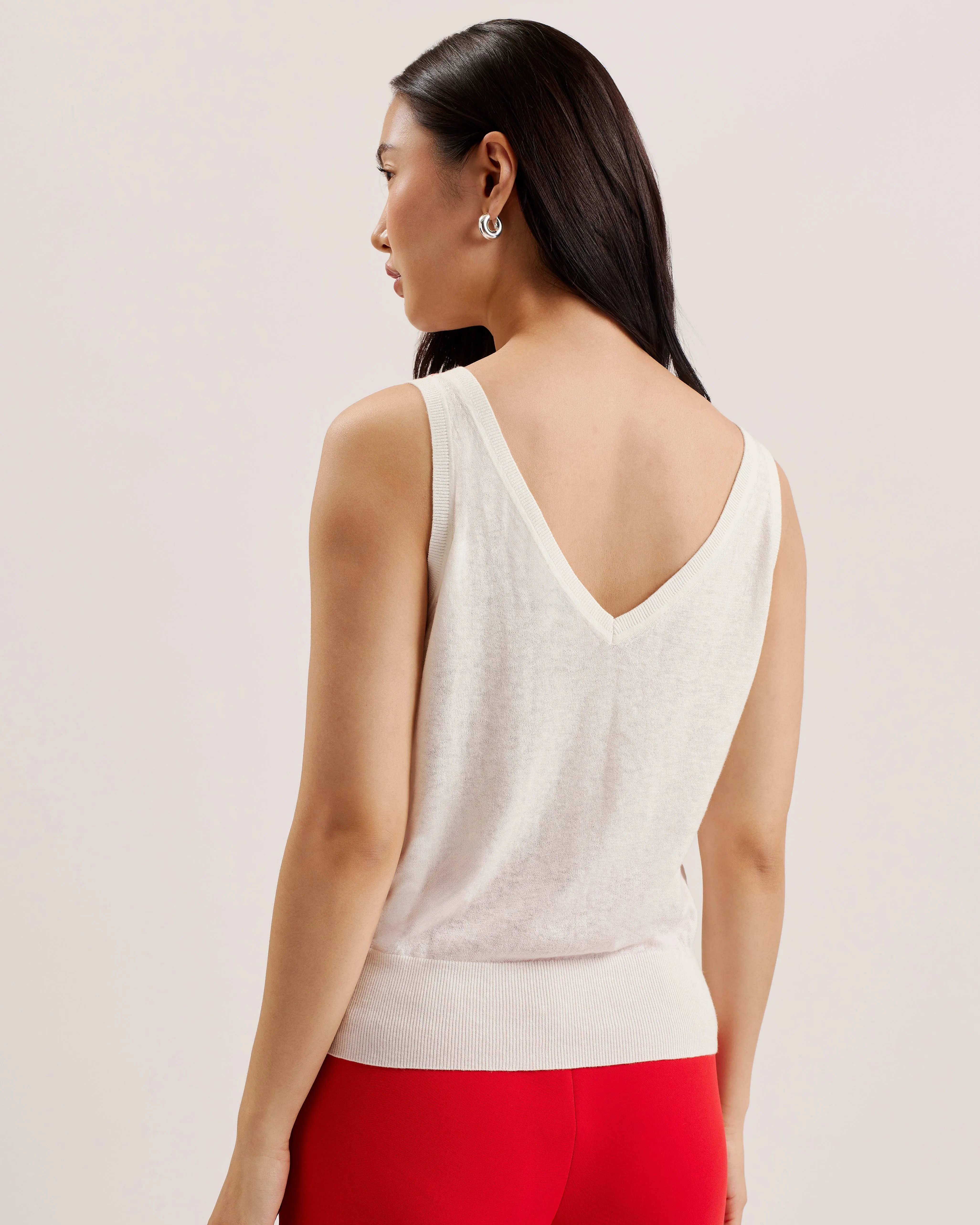 Heidiii Woven Front V Neck Printed Tank Ivory