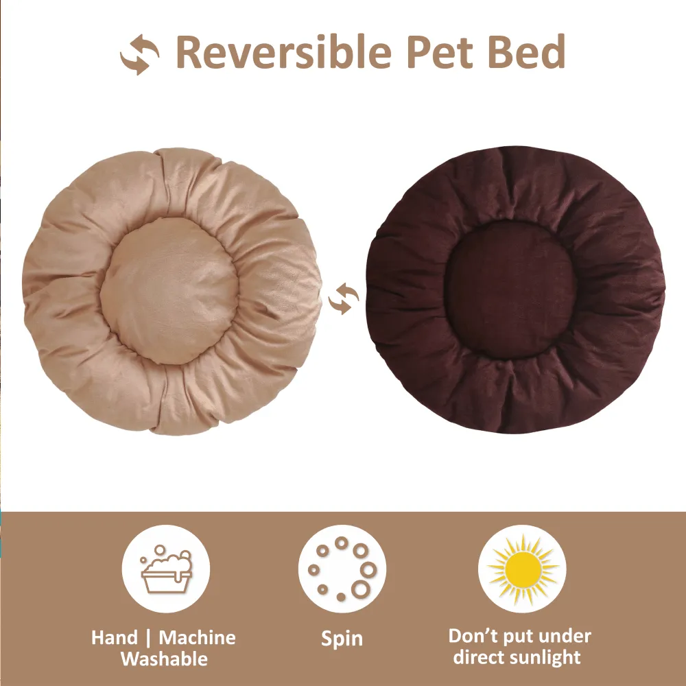 Hiputee Reversible Flat Velvet Round Shape Cushion for Dogs and Cats (Brown & Cream)