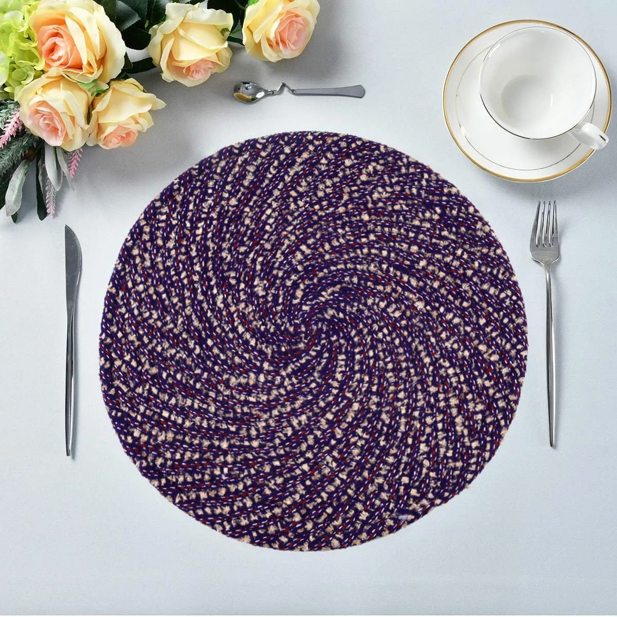 Kuber Industries Side Table Mats | Round Feather Table Mat | Bed-Side Table Mat | Center Table Mat | Reversible Dining Mat | Table Runner Mat | 16 Inch | Small | Pack of 2 | Purple