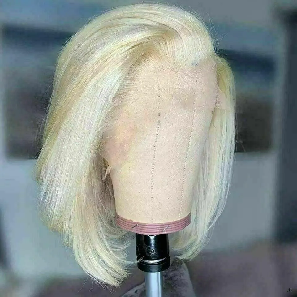 Luxury Remy Platinum Blonde #613 Bob 100% Human Hair Swiss 13x4 Lace Front Glueless Wig Short U-Part, 360 or Full Lace Upgrade Available