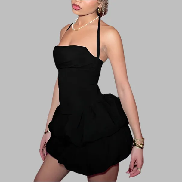 MB FASHION Halter Mini Dress with Tiered Ruffle Skirt and Ruched Bodice 1135LY