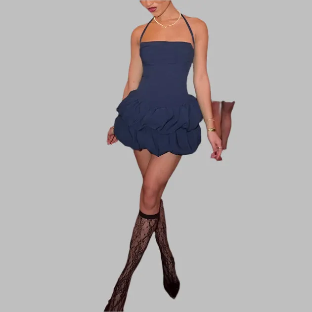 MB FASHION Halter Mini Dress with Tiered Ruffle Skirt and Ruched Bodice 1135LY