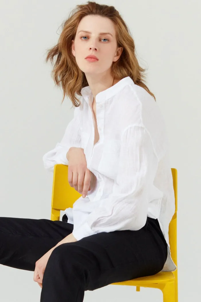 PURE LINEN COLLARLESS SHIRT WHITE