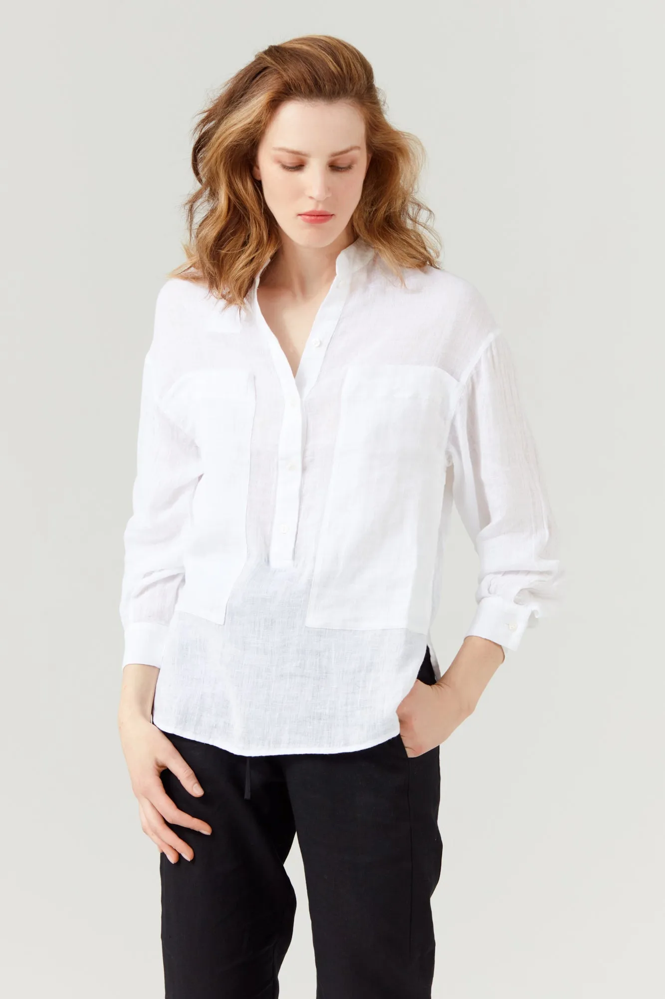 PURE LINEN COLLARLESS SHIRT WHITE