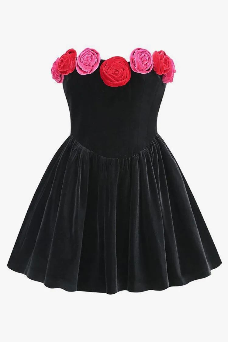 Romantic Rosette Strapless Drop Waist Fit and Flare Velvet Party Mini Dress