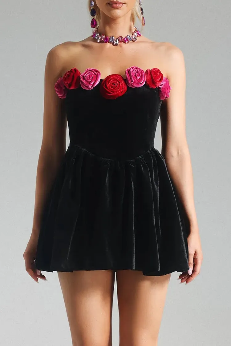 Romantic Rosette Strapless Drop Waist Fit and Flare Velvet Party Mini Dress