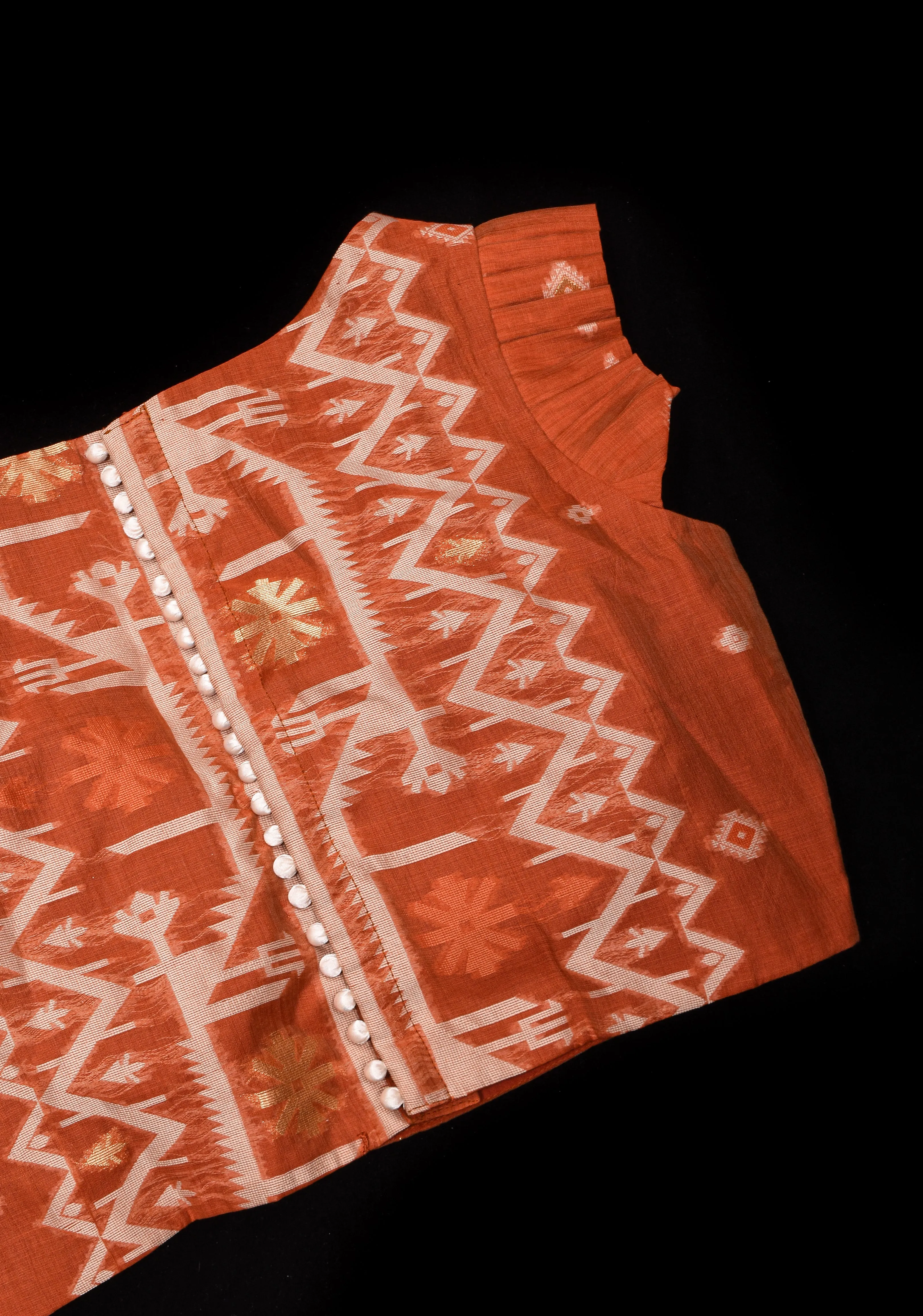 Rust Orange jamdani style cotton blouse with frill sleeeves, mix and match blouse for saree | Made to Order