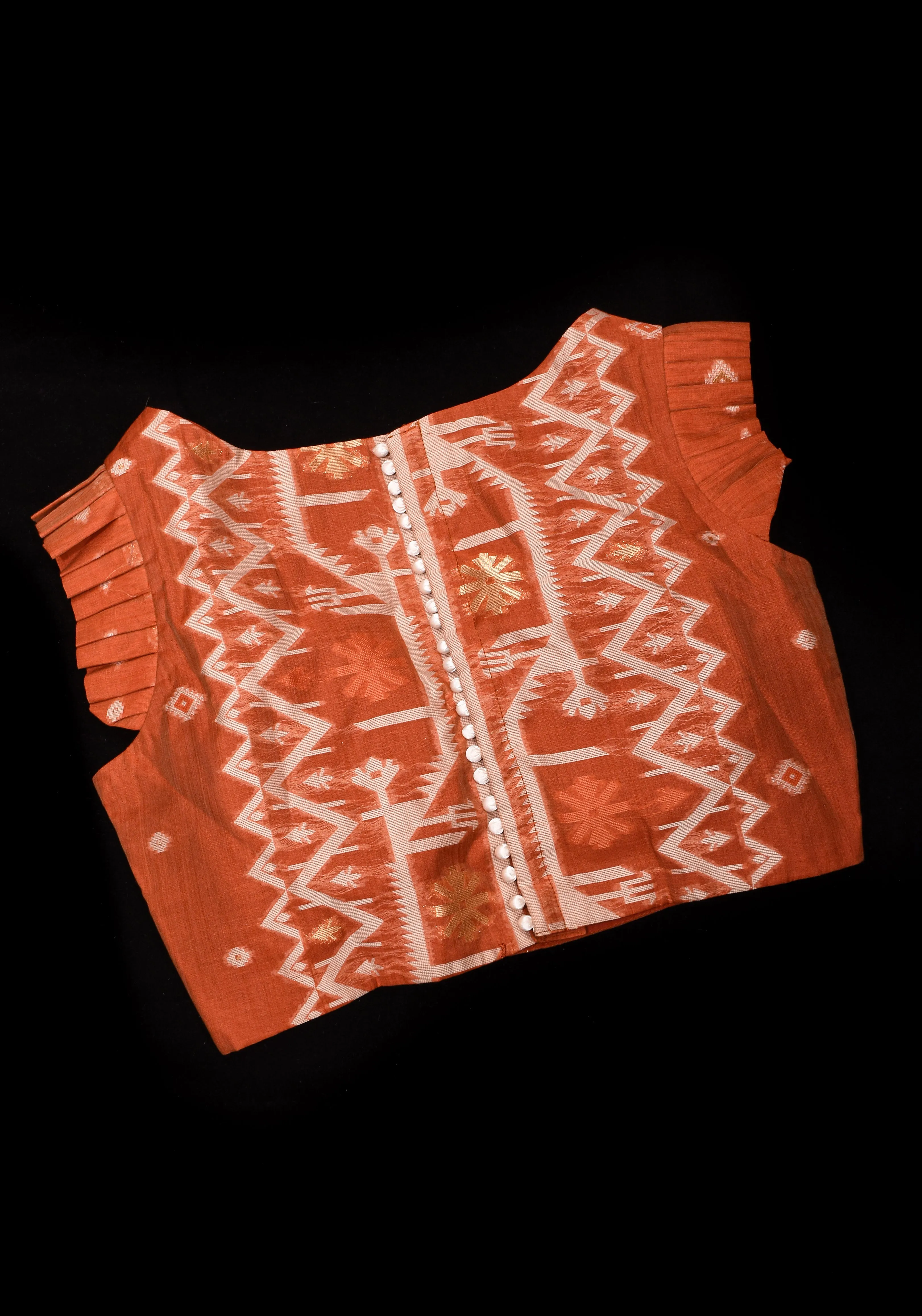 Rust Orange jamdani style cotton blouse with frill sleeeves, mix and match blouse for saree | Made to Order