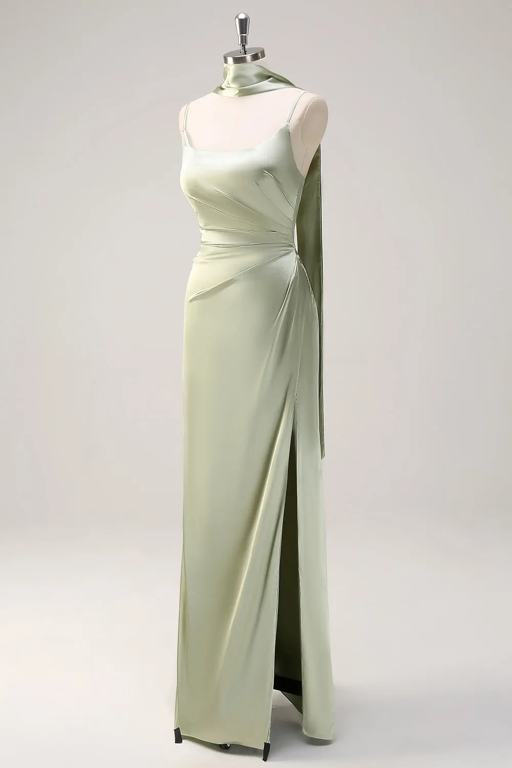 Sage Sheath Spaghetti Straps Slit Bridesmaid Dress with Ribbon