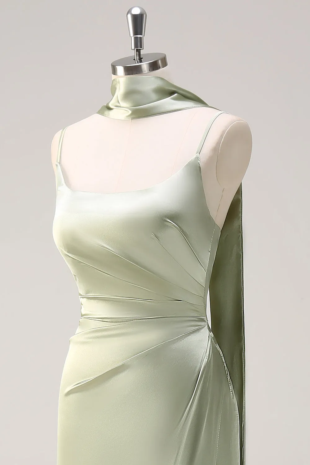 Sage Sheath Spaghetti Straps Slit Bridesmaid Dress with Ribbon