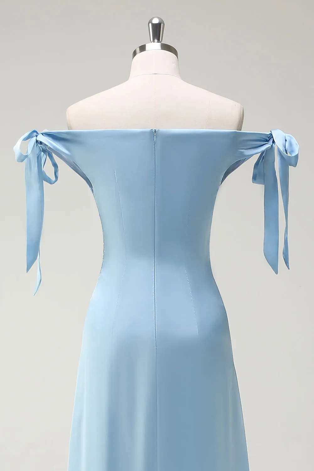 Sky Blue Sheath Off the Shoulder Bow Satin Bridesmaid Dress