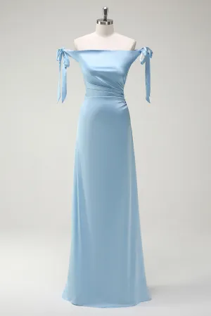 Sky Blue Sheath Off the Shoulder Bow Satin Bridesmaid Dress