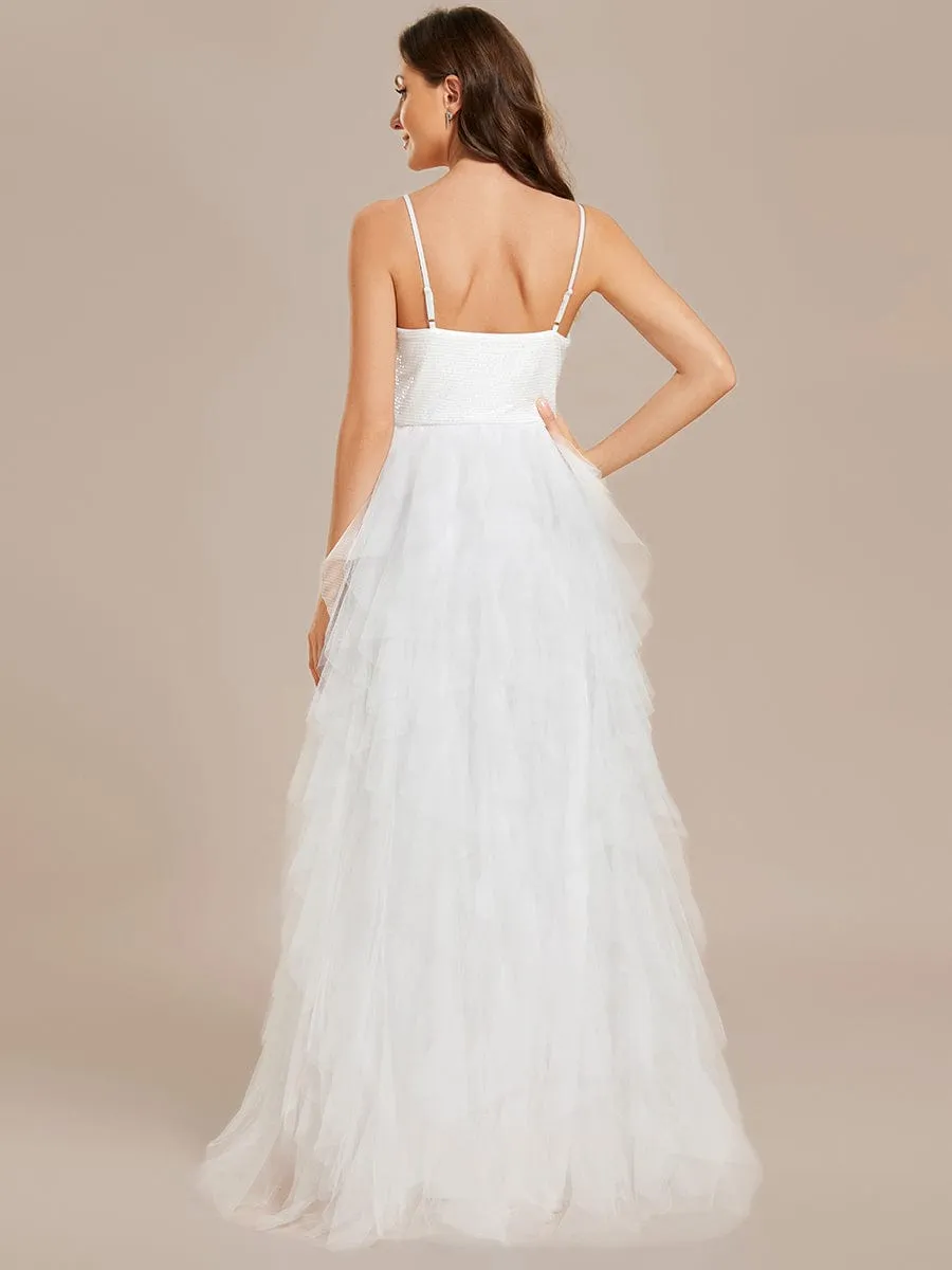 Sparkling V-Neck Spaghetti Straps Tiered Tulle Wedding Dress