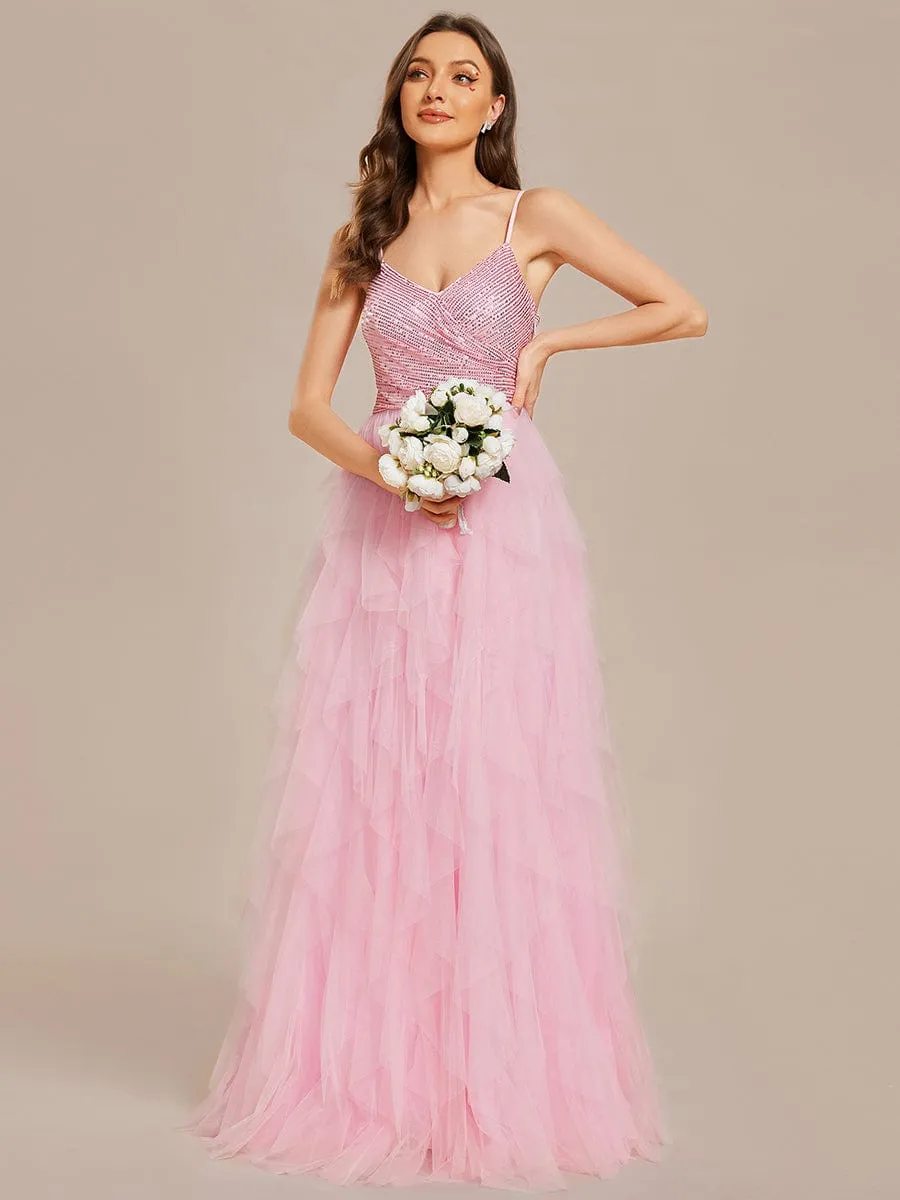 Sparkling V-Neck Spaghetti Straps Tiered Tulle Wedding Dress