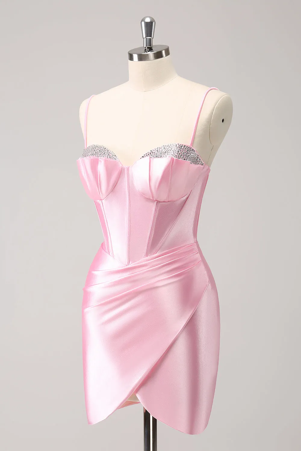 Sparkly Pink Spaghetti Straps Tight Mini Dress with Beading