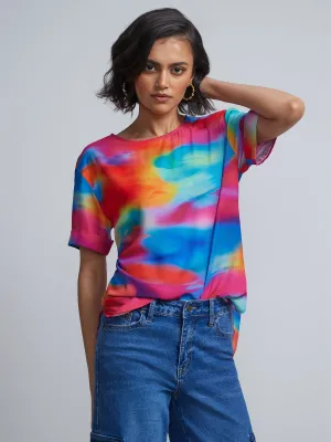 Tie-Dye Print Crewneck Side-Slit Cuffed Blouse