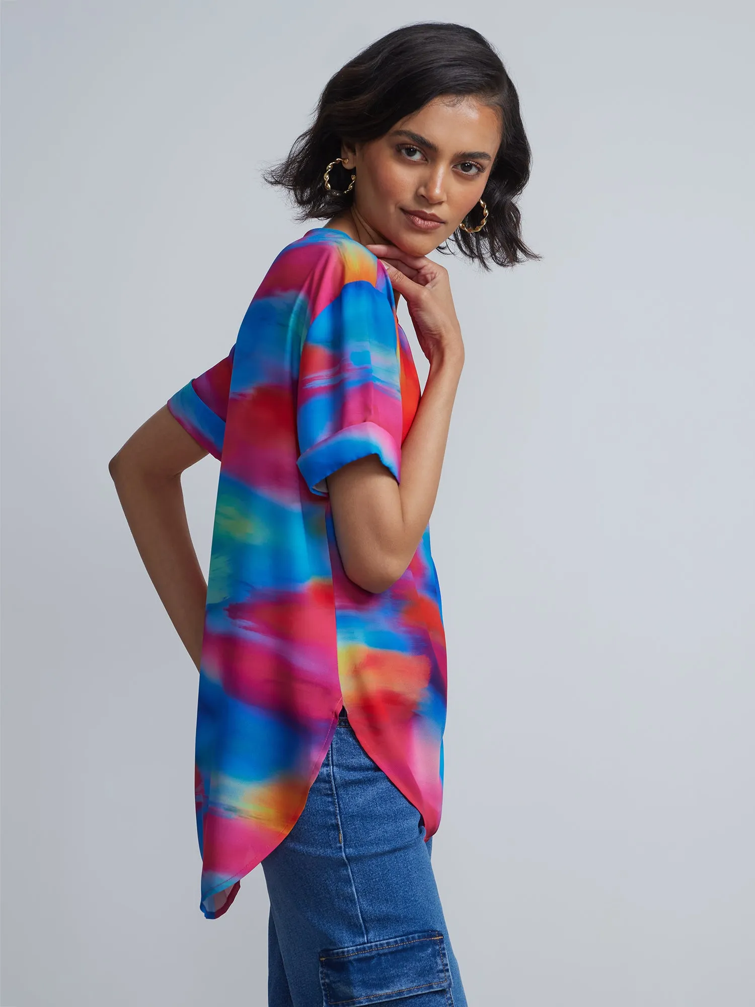 Tie-Dye Print Crewneck Side-Slit Cuffed Blouse