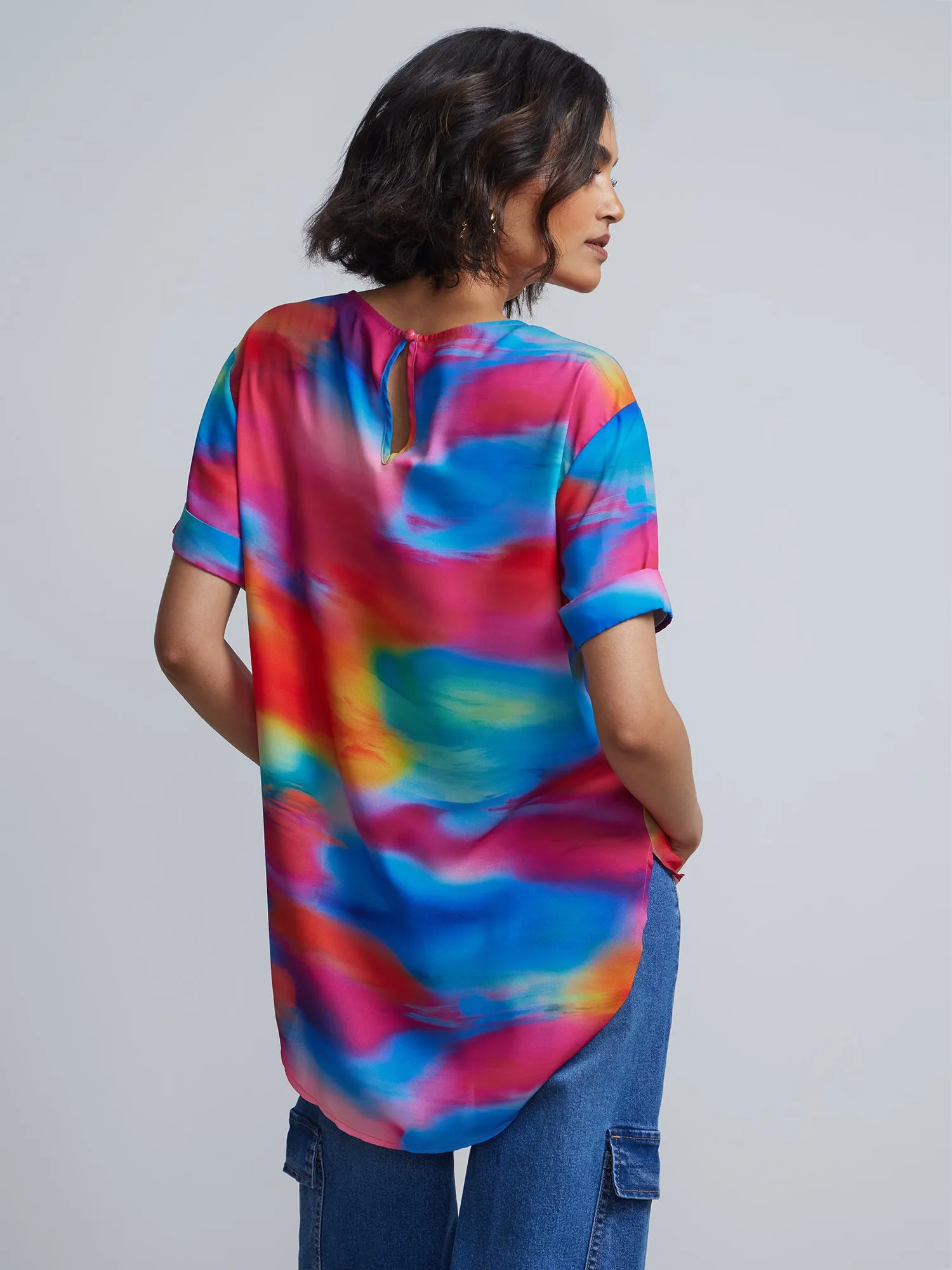 Tie-Dye Print Crewneck Side-Slit Cuffed Blouse